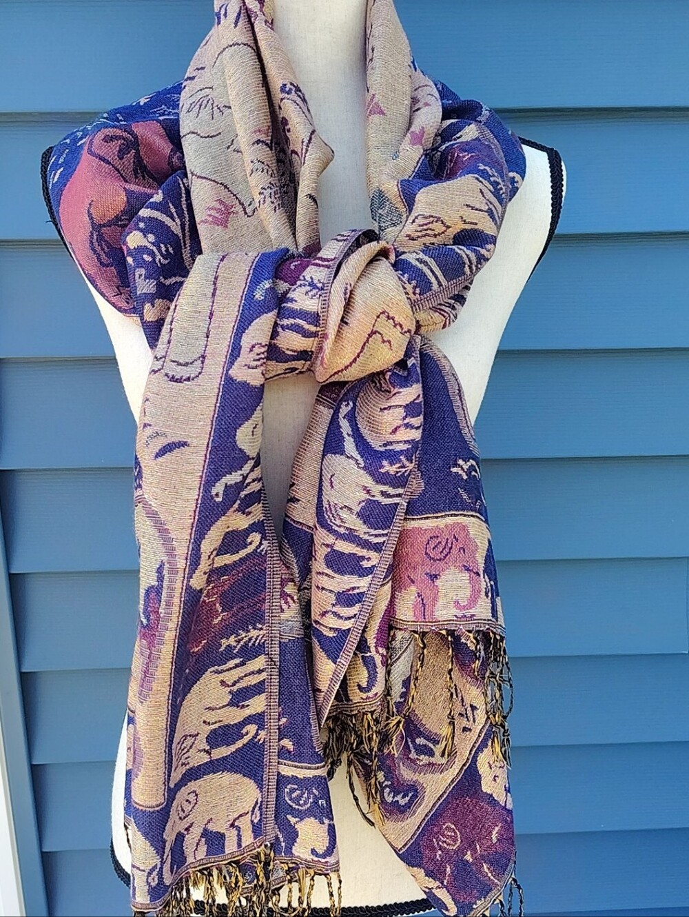 Vintage Elephant Pashmina Scarf 100% Cashmere Jacquard Wrap Shawl Fringe Y2K